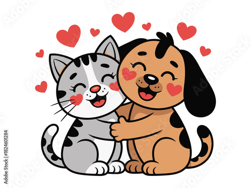 A cute cartoon cat and dog hug each other with hearts floating around them.