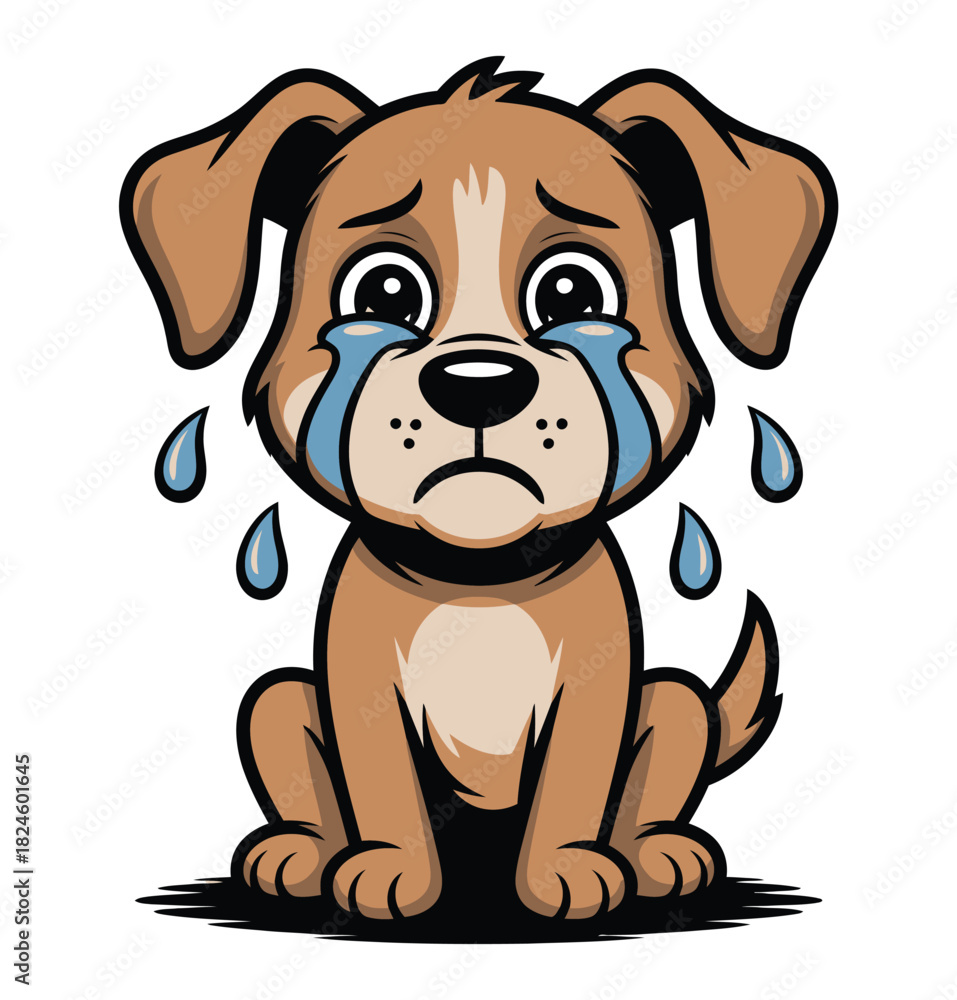 Fototapeta premium A sad, crying cartoon puppy with big, tear-filled eyes sits forlornly.