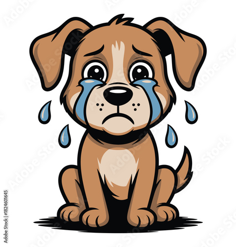 A sad, crying cartoon puppy with big, tear-filled eyes sits forlornly.