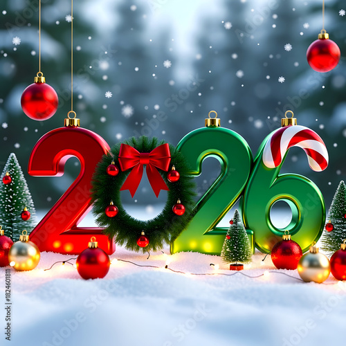 The number 2026 is decorated with Christmas toys