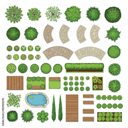 Top-Down Garden Elements Trees, Paths, Ponds, and Greenery for Landscape Design and Planning