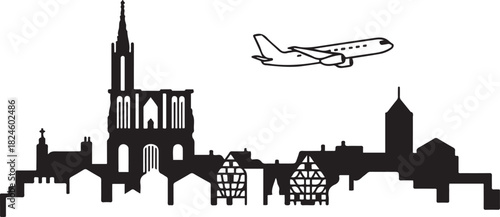 Strasbourg Skyline Line Art with Airplane. Vector black silhouette