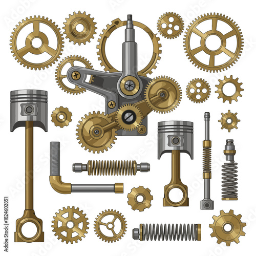 A detailed vector illustration set of isolated vintage mechanical parts, including brass gears, cogs, pistons, and springs, in a steampunk style