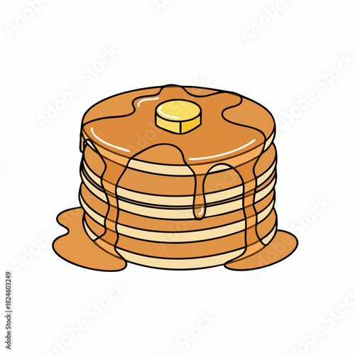 Delicious stack of cartoon pancakes with butter and syrup.