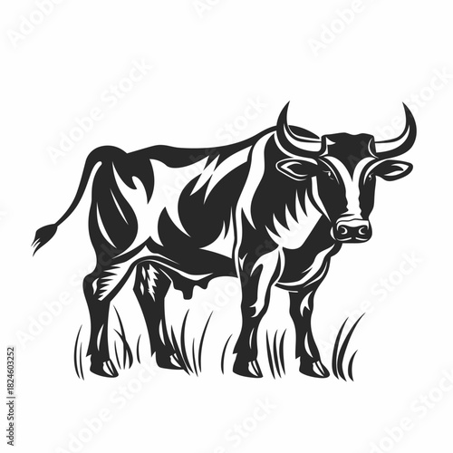 Powerful monochrome bull standing in grass, detailed vector illustration of a strong bovine animal for farm and agriculture concepts.