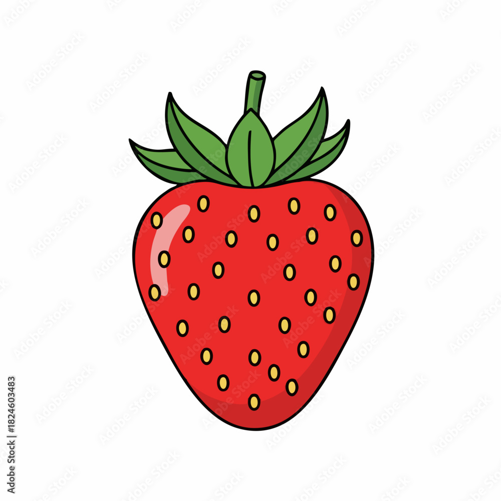 Fototapeta premium Vibrant Strawberry Illustration with Green Leaves and Tiny Seeds.