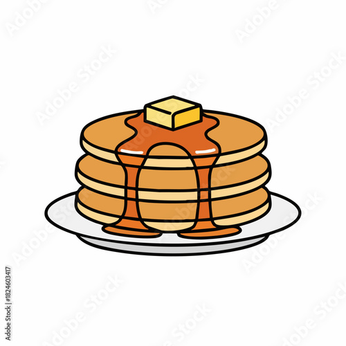 Fluffy stack of pancakes with melting butter and syrup.