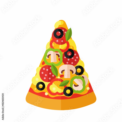 Delicious pizza slice with various toppings and vibrant colors.