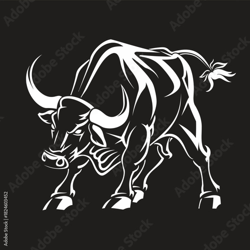 Strong White Bull Illustration on Black Background. Charging Ox Graphic, Powerful Animal Emblem Design, Strength Symbol.
