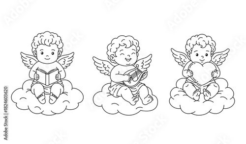 Three line art cherubs on clouds: reading, playing a lyre, and holding a heart. Cute Valentine's Day or religious icons.