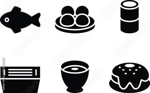 Collection of food icons including fish eggs cup can and sweets