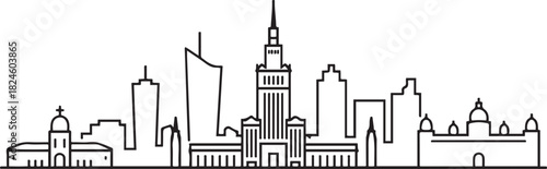 Warsaw skyline drawing Cityscape line art. Vector black silhouette
