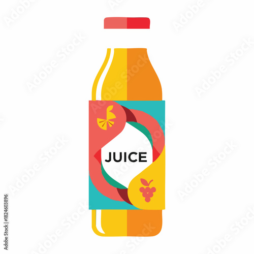 Bottle of Fresh Juice with Colorful Label and Fruit Design.