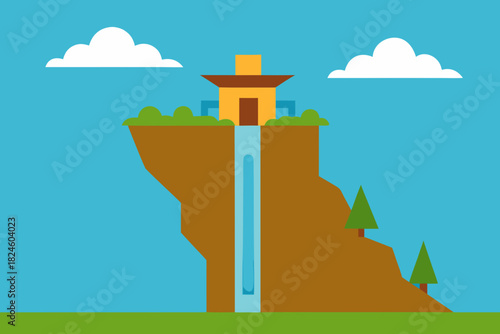Cartoon waterfall cliff lookout vector illustration
