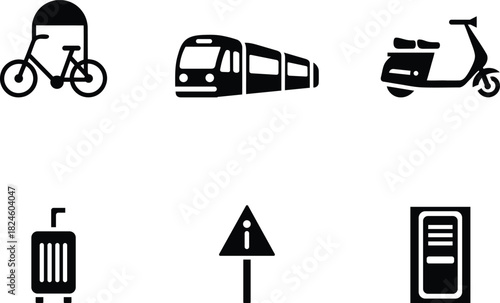 Transportation icons set depicting bicycle train scooter suitcase warning sign and ticket machine