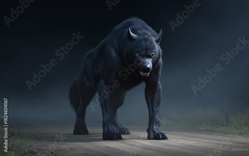 Ferocious werewolf Nahual beast standing on forest path at night, full-body view of mythical black shapeshifter creature with glowing eyes, used for fantasy book covers