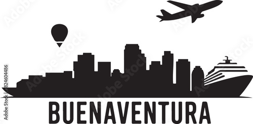 Buenaventura Skyline with Airplane and Cruise Ship. Vector black silhouette
