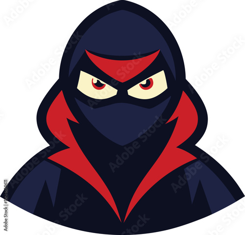 Stylized ninja character head mascot with intense red eyes