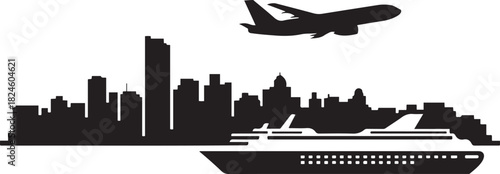 Buenaventura Skyline with Airplane and Cruise Ship. Vector black silhouette