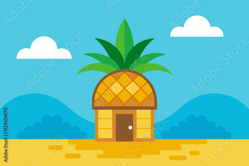 Cartoon pineapple hut by the beach vector illustration