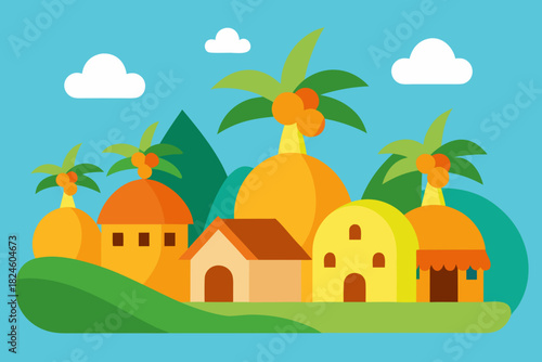 Cartoon tropical fruit village vector illustration