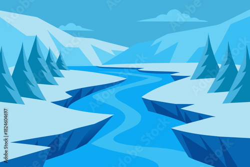 Cartoon frozen river canyon vector illustration