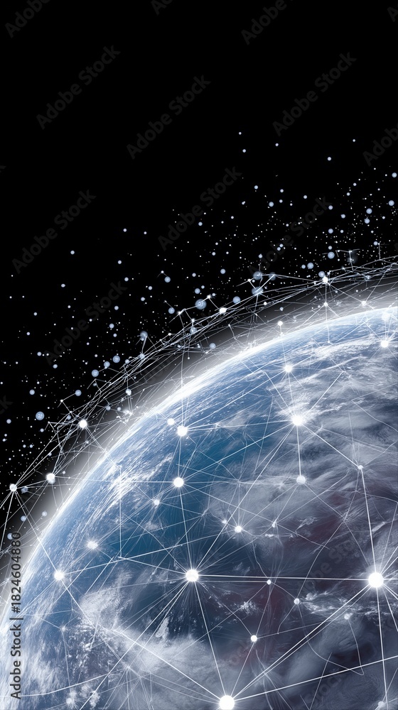 Obraz premium Networked earth with digital connections against starry sky
