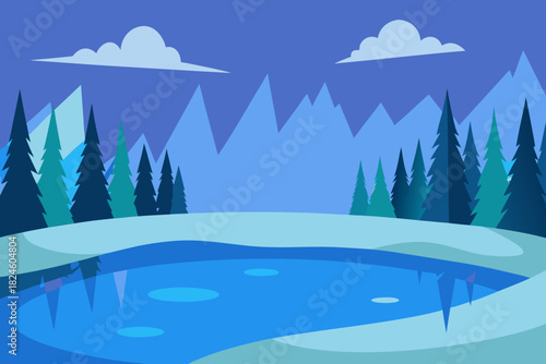 Cartoon frozen lake in a forest vector illustration