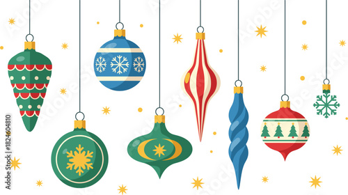 Set of Hanging Retro Christmas Ornaments Vector Illustrations with Stripes, Snowflakes, and Geometric Patterns, Ideal for Holiday Greetings, Winter Backgrounds, and Seasonal Decoration