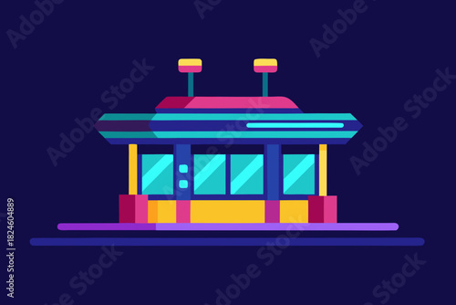 Cartoon neon hover tram stop vector illustration