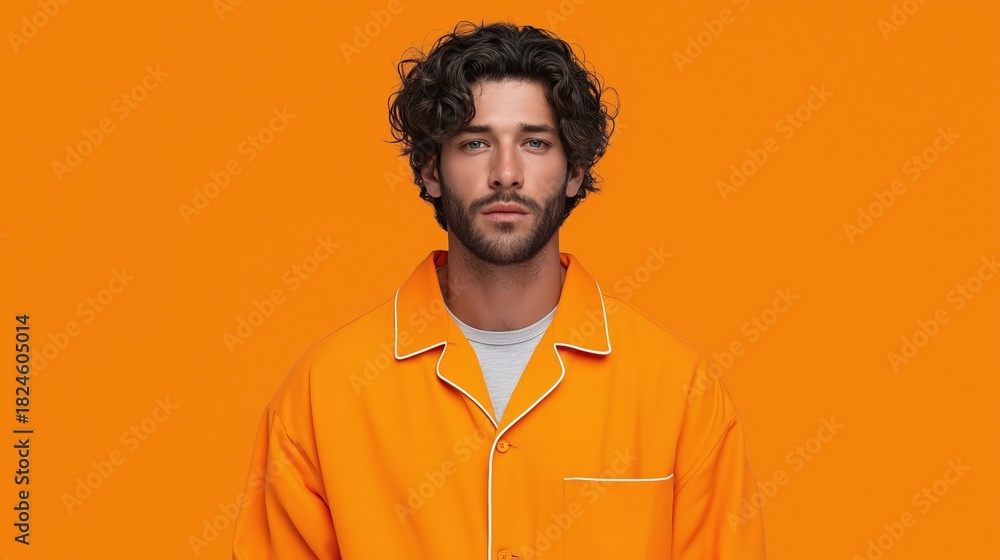Fototapeta premium Young caucasian male in orange outfit against orange background