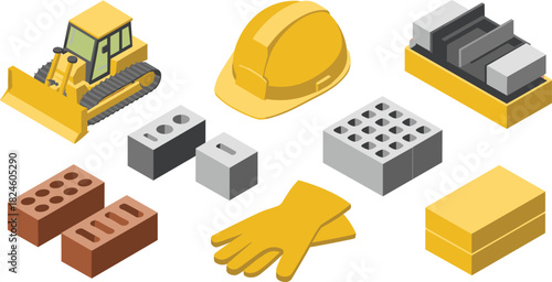 Isometric construction tools illustration, bulldozer, safety helmet, gloves, bricks, cement blocks, building equipment, industrial machinery, construction materials, workplace safety gear