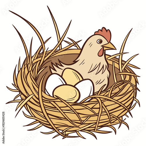 Cartoon Hen Sitting on Eggs in a Hay Nest chicken straw