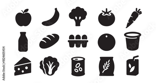 Vector set of black silhouette food icons, collection of healthy fruit and vegetable symbols