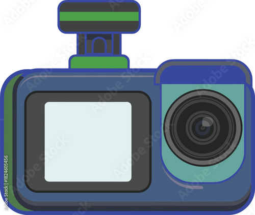 Modern action camera illustration, compact digital device, wide-angle lens, front display screen, adventure recording gear, outdoor photography equipment, tech gadget artwork