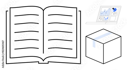 Open book with lines, digital analytics dashboard featuring charts, and sealed box. Ideal for education, data analysis, business strategy, logistics, e-commerce, planning simple flat metaphor