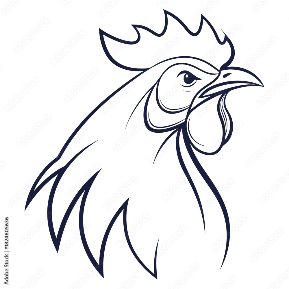 Obraz premium Bold Outline Drawing of a Rooster's Head with Flowing Lines chicken bird