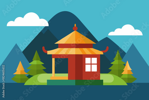 Cartoon tea house by mountains vector illustration