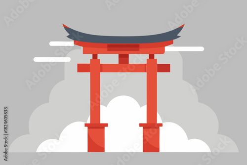 Cartoon torii gate in mist vector illustration