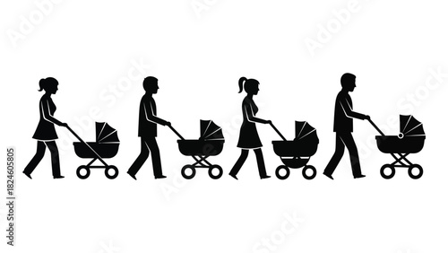 Silhouettes of parents pushing baby strollers isolated on white background, Vector
