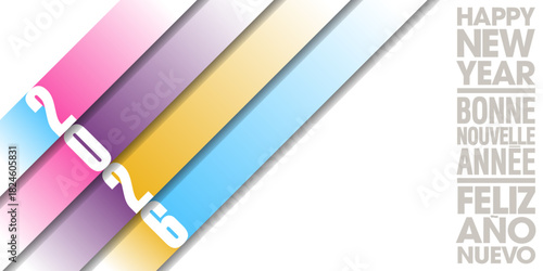 2026 - Cartes de vœux aux effets de dégradés couleurs pastels - texte français, anglais, espagnol - traduction : bonne nouvelle année.