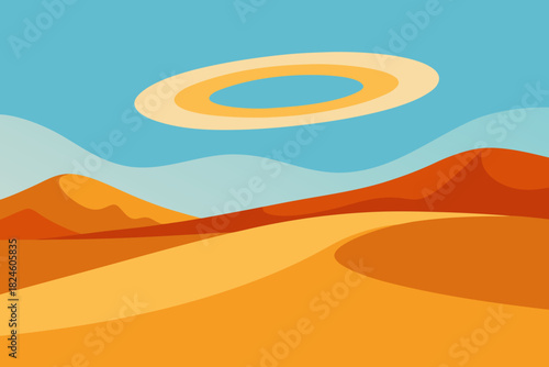Cartoon desert sun halo over dunes vector illustration