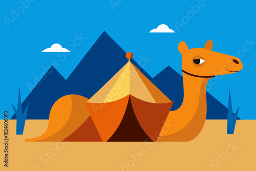 Cartoon camel resting at a tent camp vector illustration