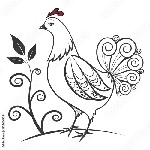 Line Art Rooster with Decorative Swirl Plant cock bird