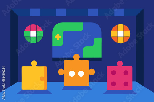 Cartoon puzzle game room vector illustration
