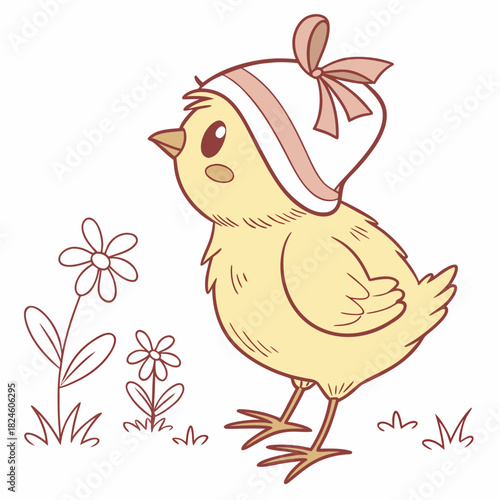 Cute cartoon chick wearing a bonnet with a pink bow chicken bird
