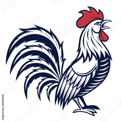Stylized Rooster with Red Comb and Blue Tail Feathers chicken bird