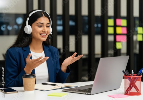Professional woman wearing headset actively communicating during a video conference call.