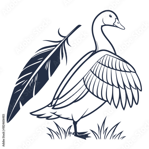Goose with Feather and Grass Illustration bird animal