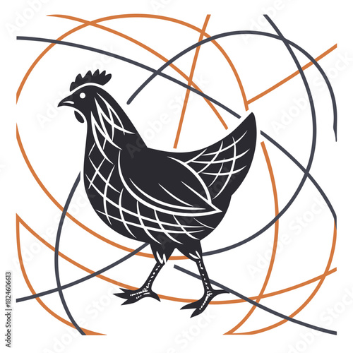 Abstract Hen Silhouette with Geometric Line Overlay chicken bird